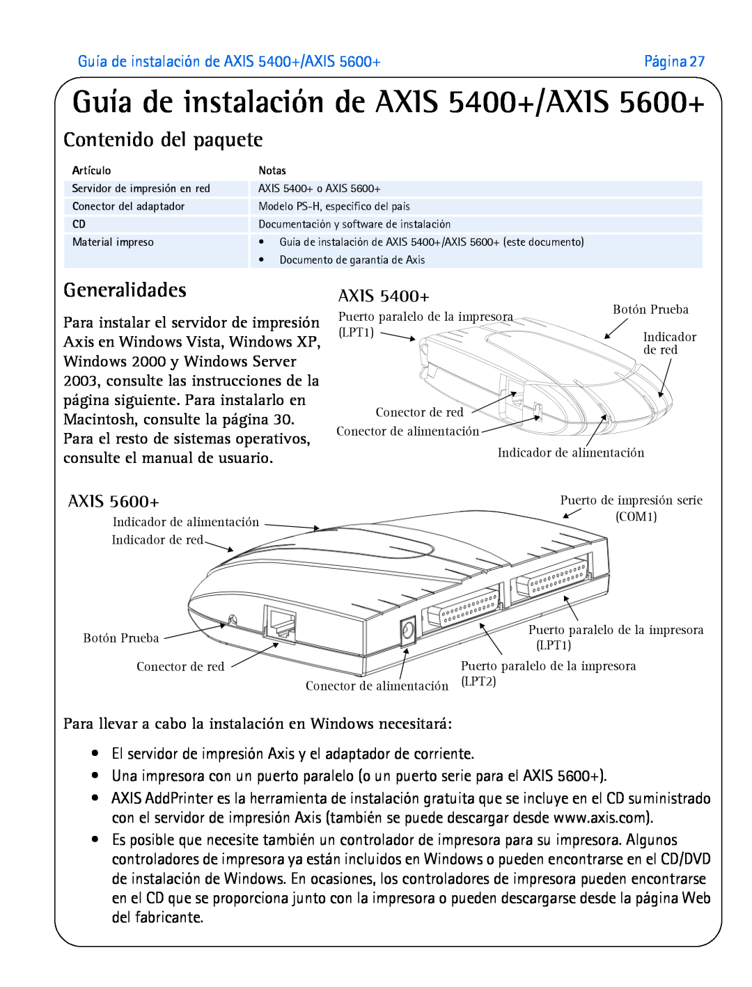 Axis Communications manual Guía de instalación de AXIS 5400+/AXIS 5600+, Contenido del paquete, Generalidades 