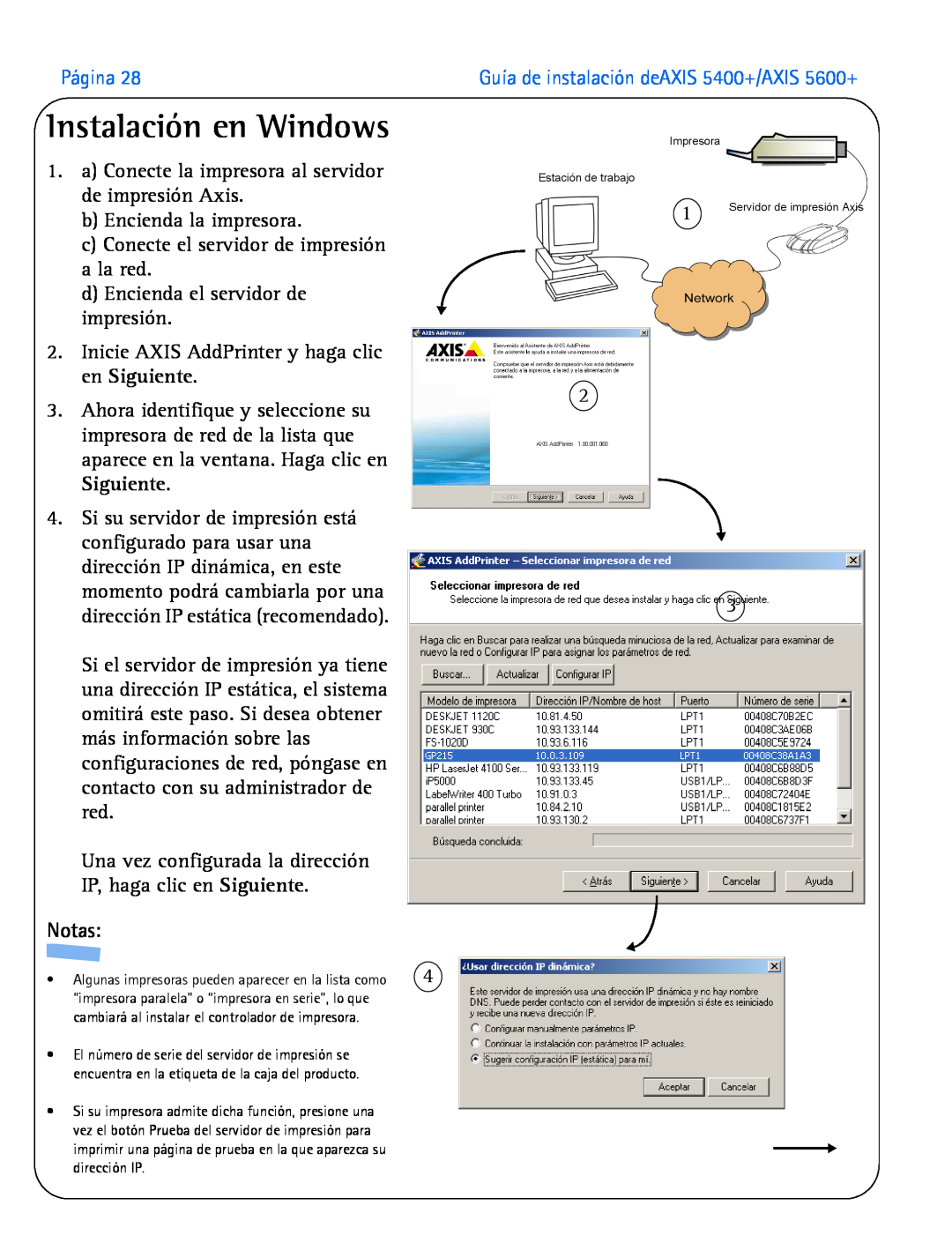 Axis Communications manual Instalación en Windows, Página, Notas, Guía de instalación deAXIS 5400+/AXIS 5600+ 