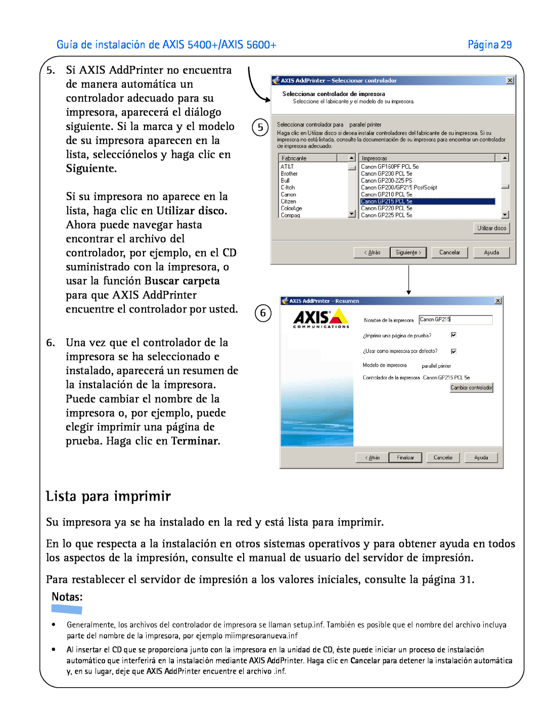 Axis Communications manual Lista para imprimir, Guía de instalación de AXIS 5400+/AXIS 5600+, Notas 