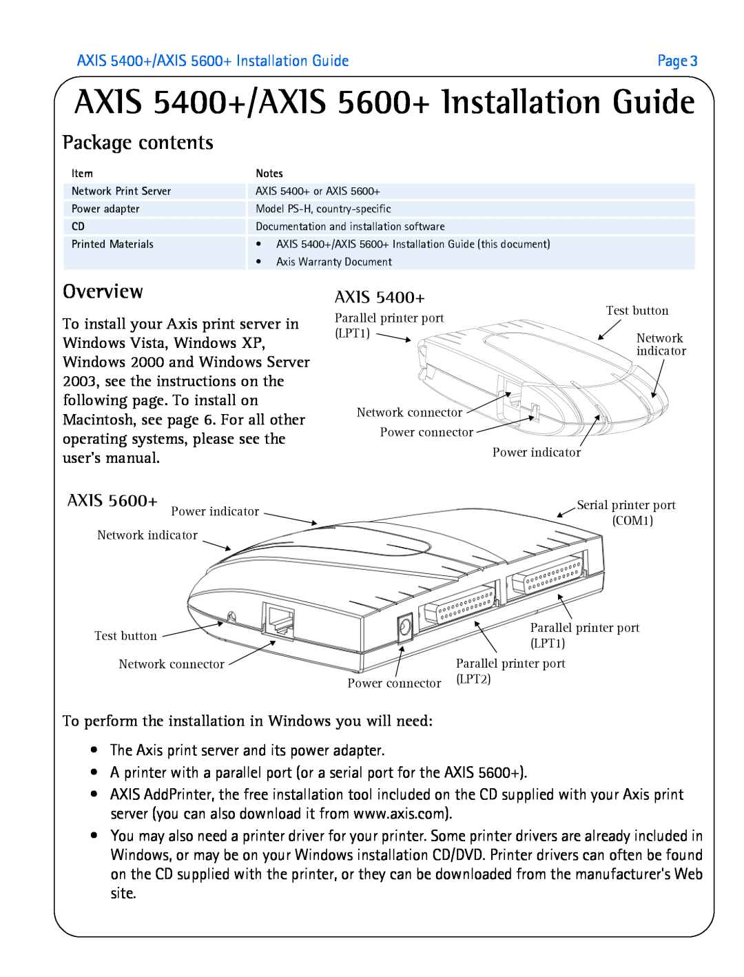 Axis Communications manual Package contents, Overview, AXIS 5400+/AXIS 5600+ Installation Guide 