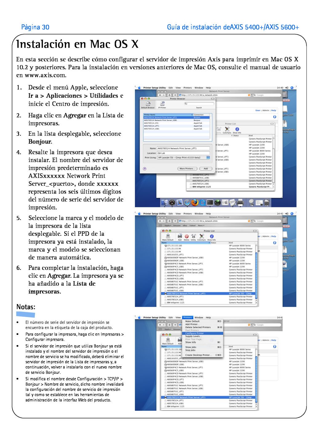 Axis Communications 5400+, 5600+ manual Instalación en Mac OS, Página, Notas 