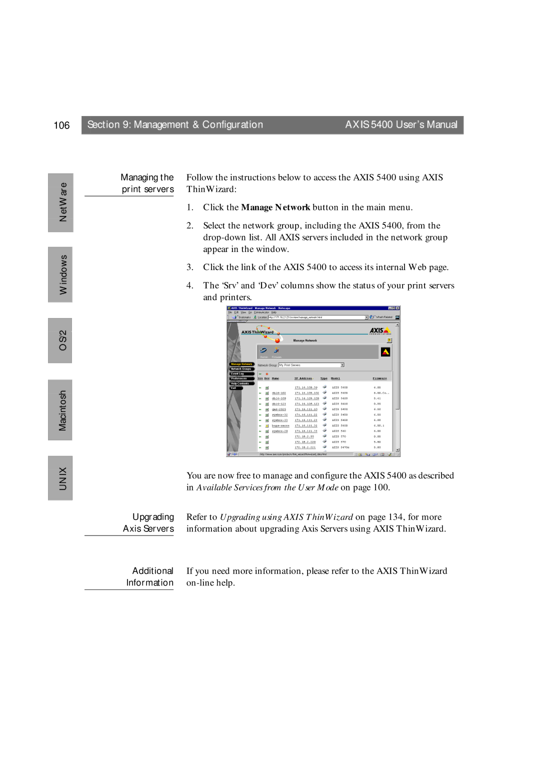 Axis Communications 5400 106, OS/2 Windows NetWare Unix Macintosh Managing, Print servers, Additional, Information 