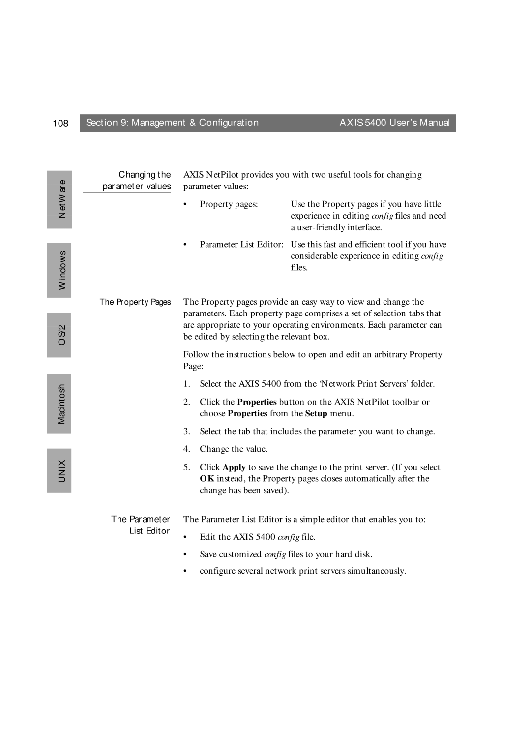 Axis Communications 5400 user manual 108, OS/2 Windows NetWare Unix Macintosh Changing, Parameter values, List Editor 