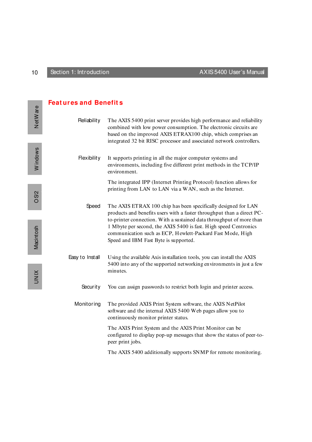 Axis Communications 5400 user manual Features and Benefits, OS/2 Windows NetWare Macintosh 