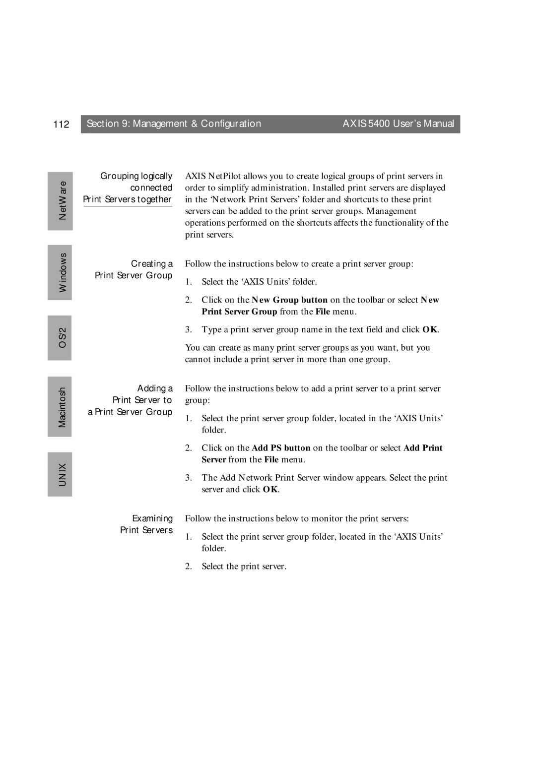 Axis Communications 5400 user manual Print Server Group from the File menu 