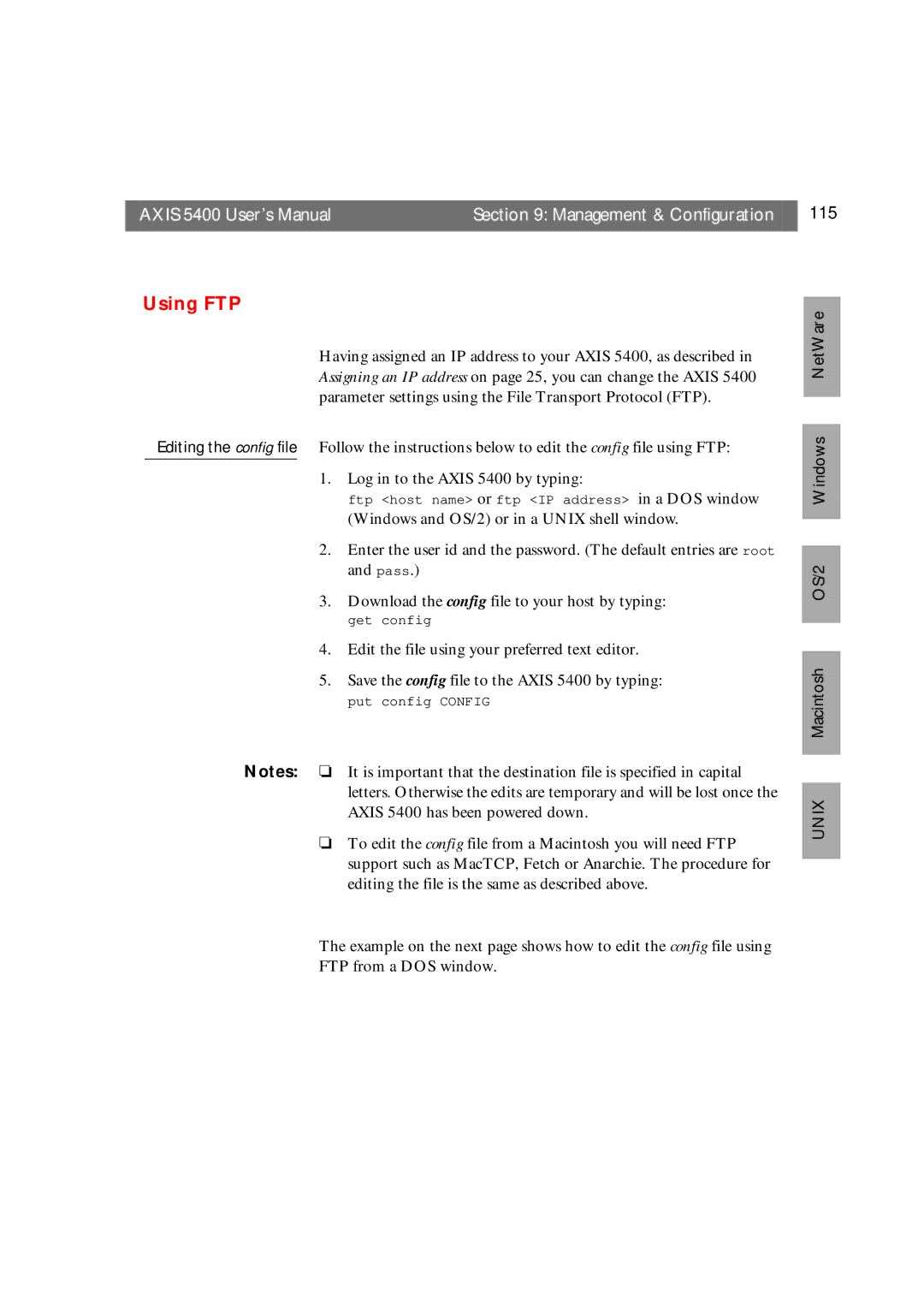 Axis Communications user manual Axis 5400 User’s Manual Management & Configuration 115, Using FTP 