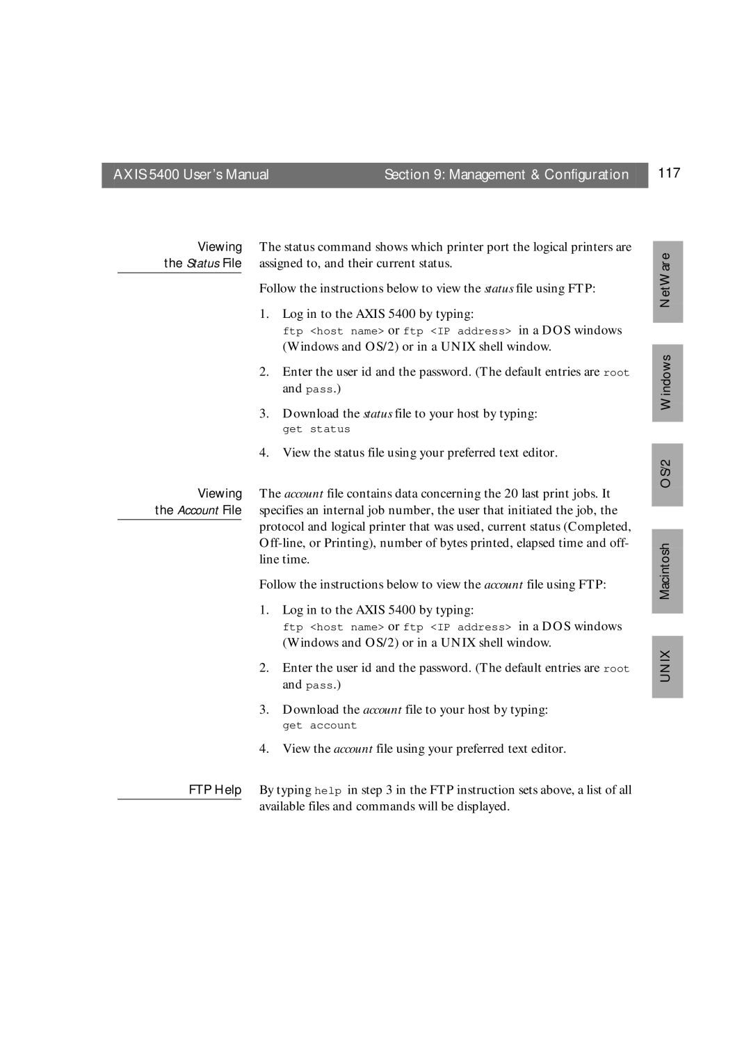 Axis Communications user manual Axis 5400 User’s Manual Management & Configuration 117, FTP Help 