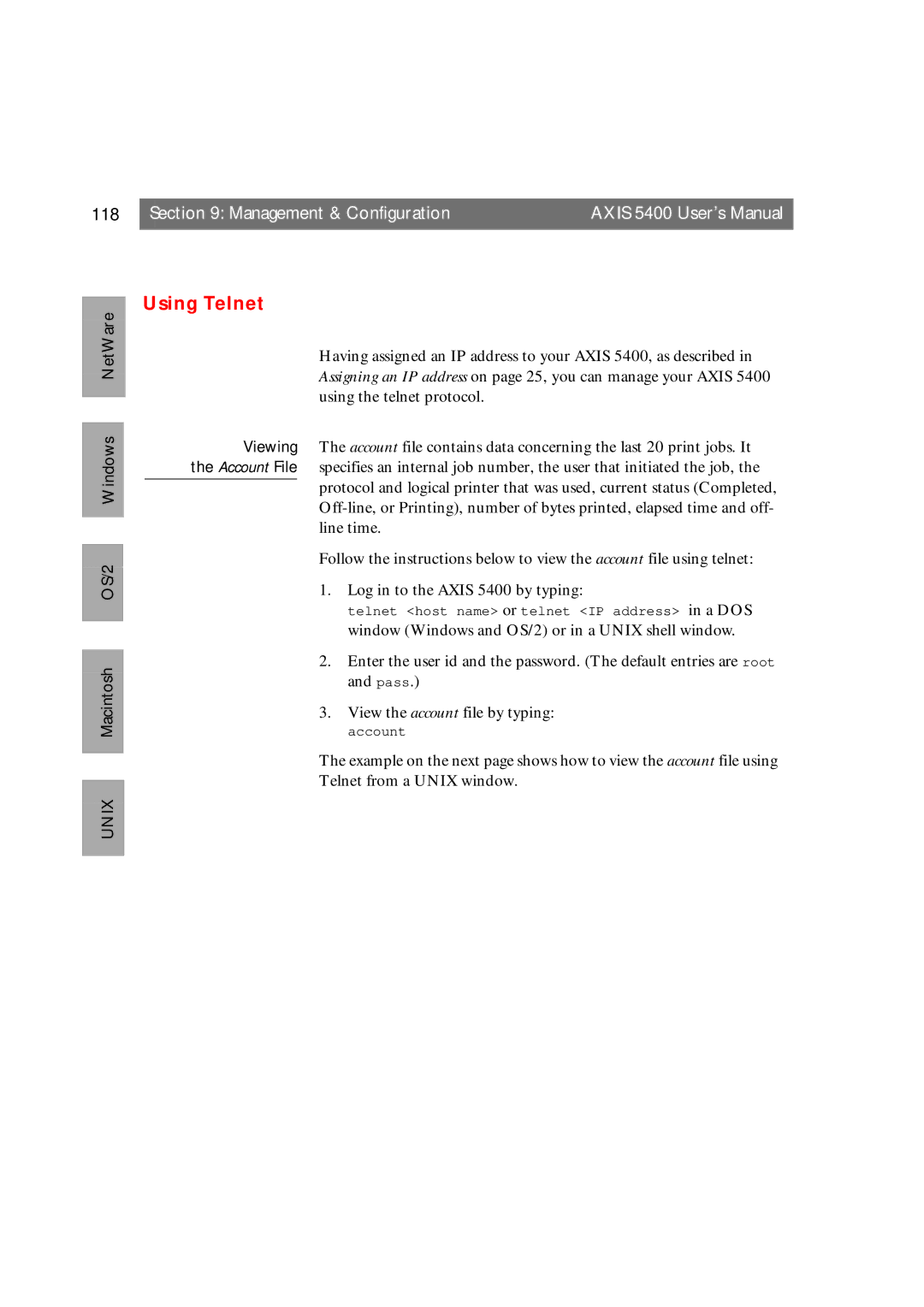 Axis Communications 5400 user manual Using Telnet, 118 