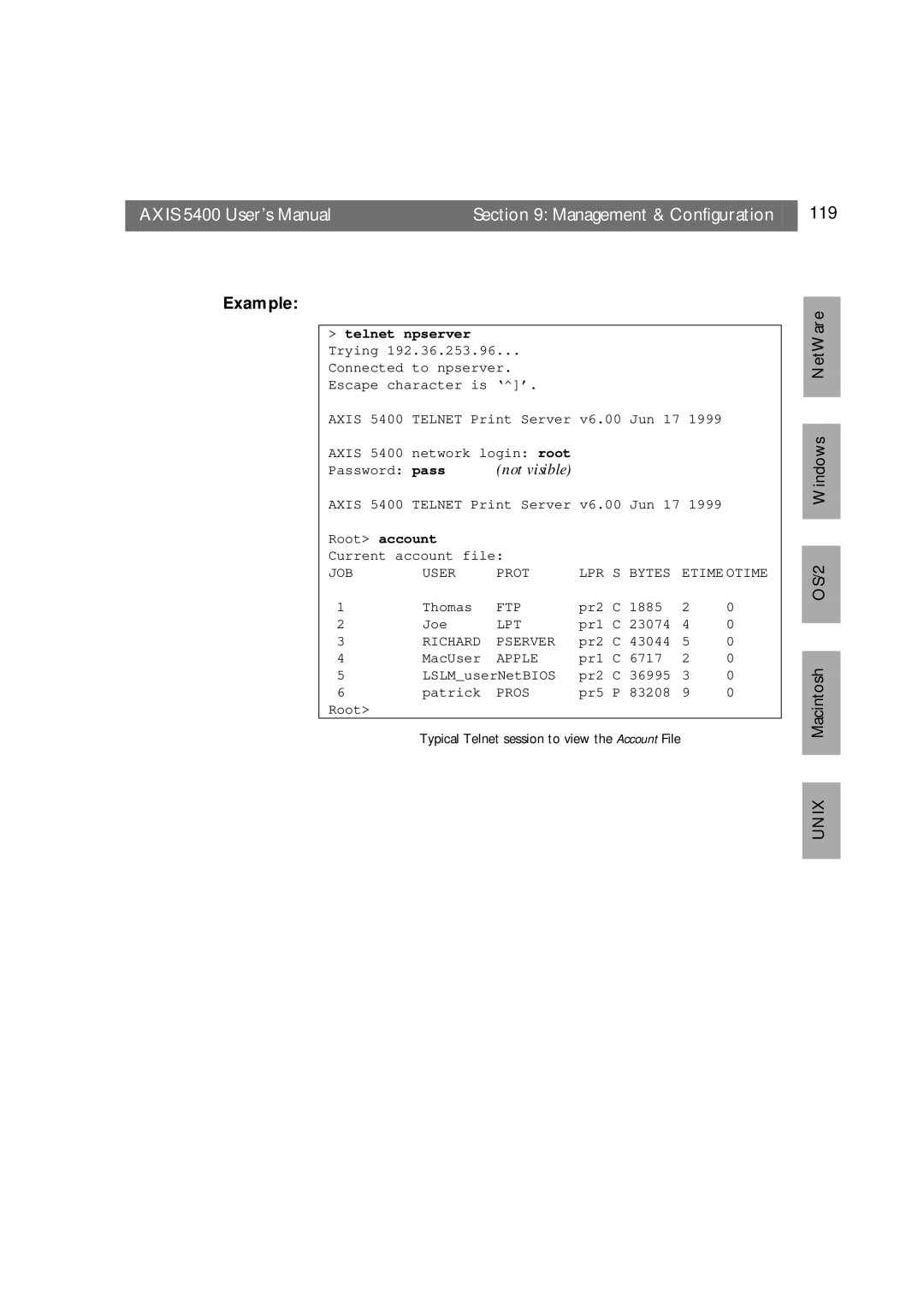 Axis Communications user manual Axis 5400 User’s Manual Management & Configuration 119, Telnet npserver Trying 