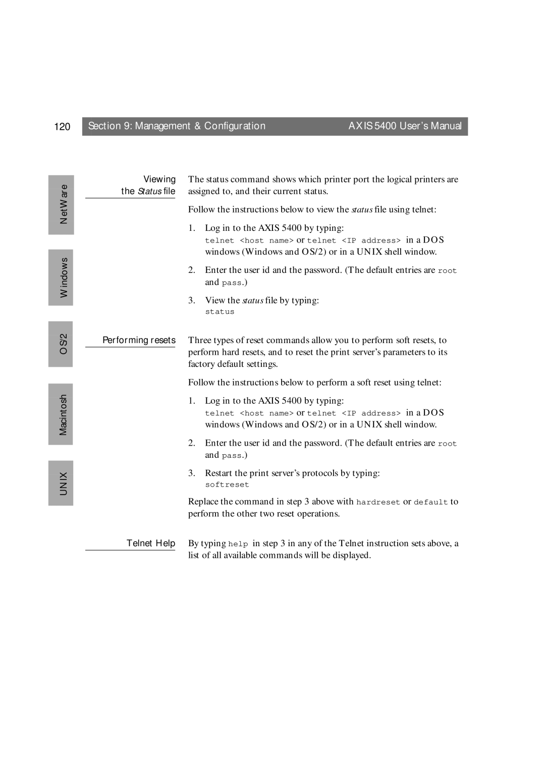 Axis Communications 5400 user manual 120, Performing resets Telnet Help 