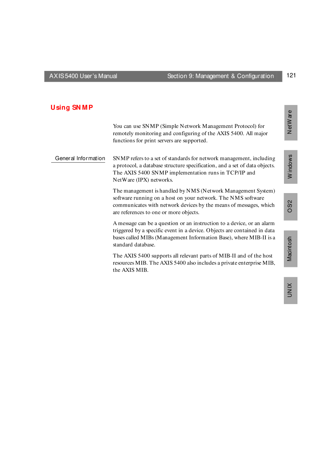 Axis Communications user manual Axis 5400 User’s Manual Management & Configuration 121, Using Snmp 