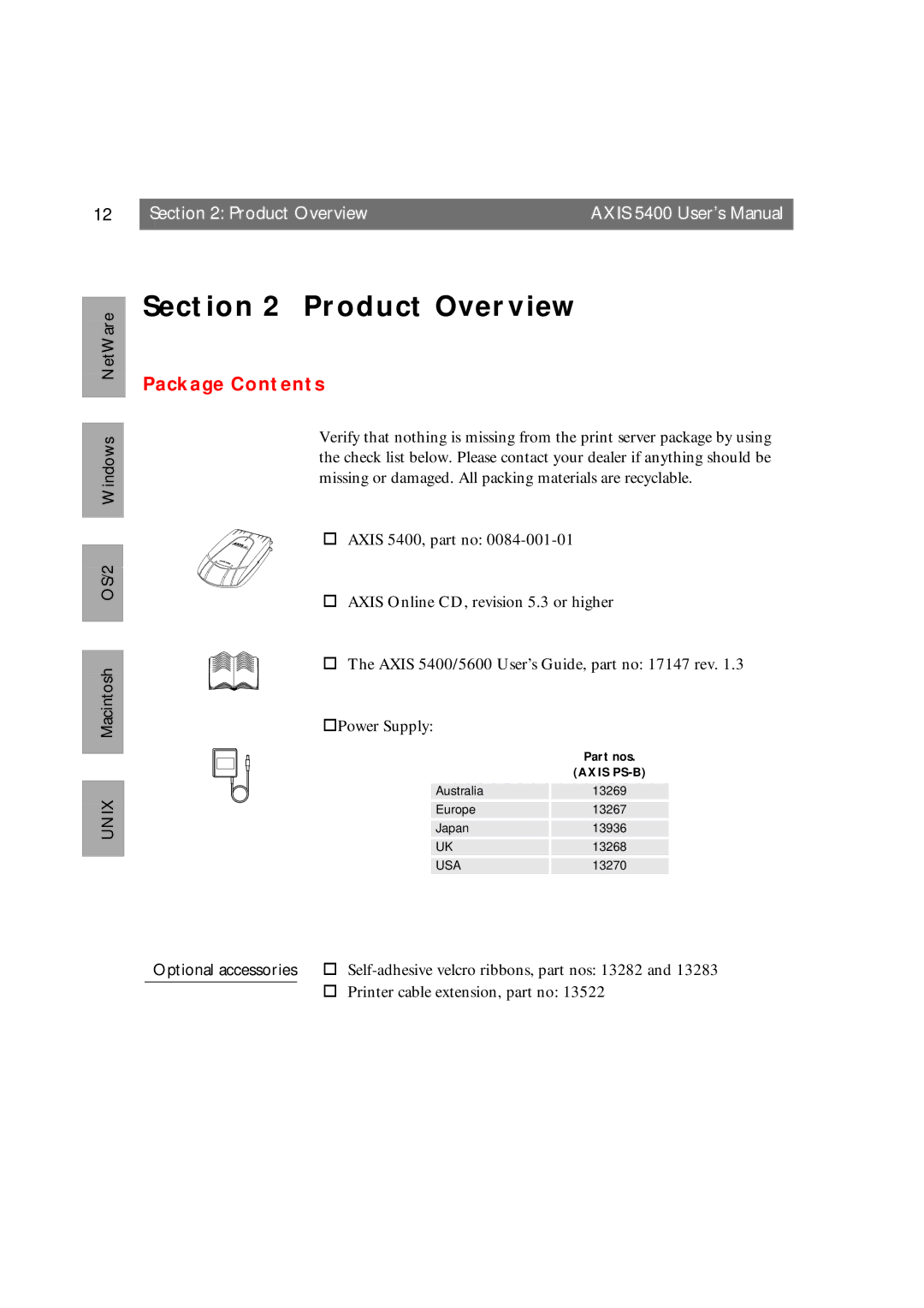 Axis Communications 5400 user manual Product Overview, Package Contents 