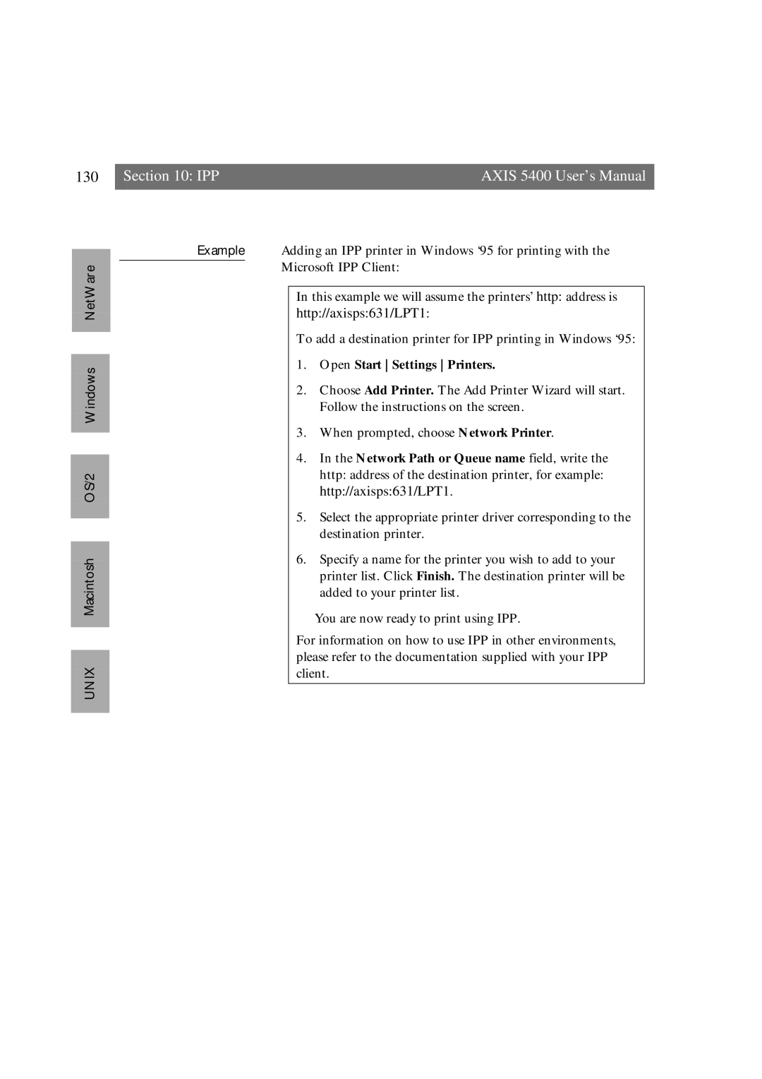 Axis Communications 5400 user manual Unix Macintosh OS/2 Windows NetWare, Open Start Settings Printers 