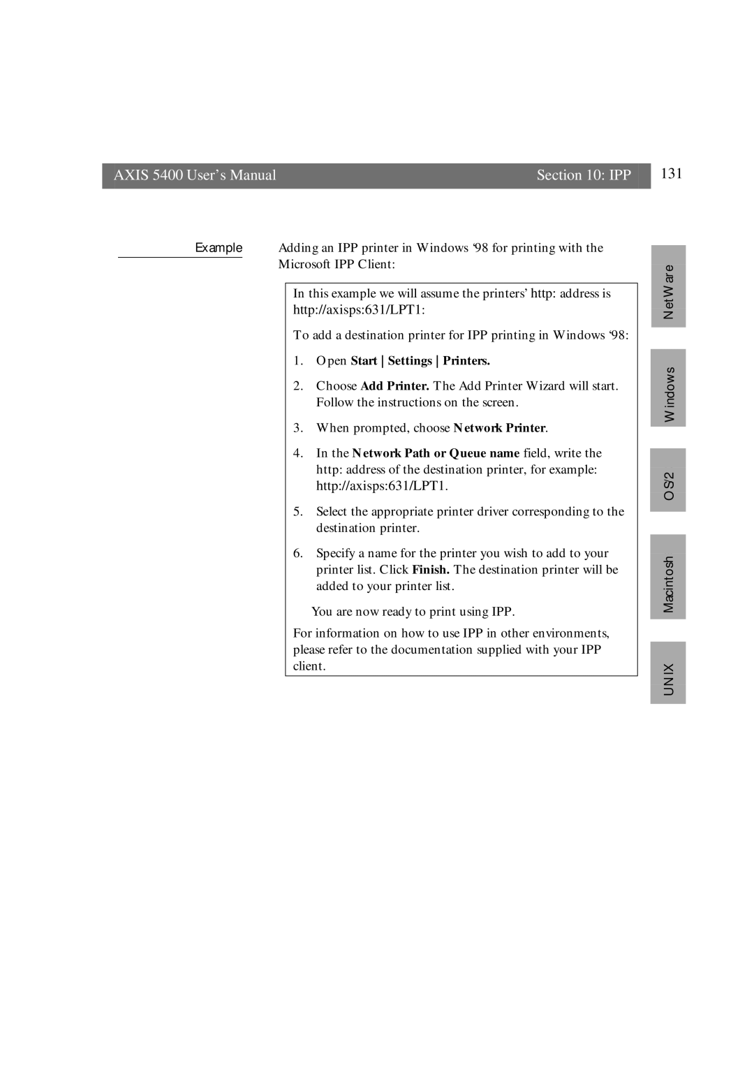 Axis Communications user manual Axis 5400 User’s Manual IPP 131 