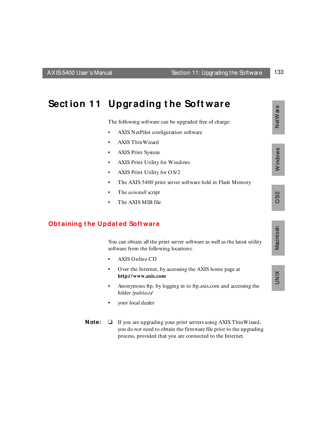 Axis Communications user manual Axis 5400 User’s Manual Upgrading the Software 133, Obtaining the Updated Software 