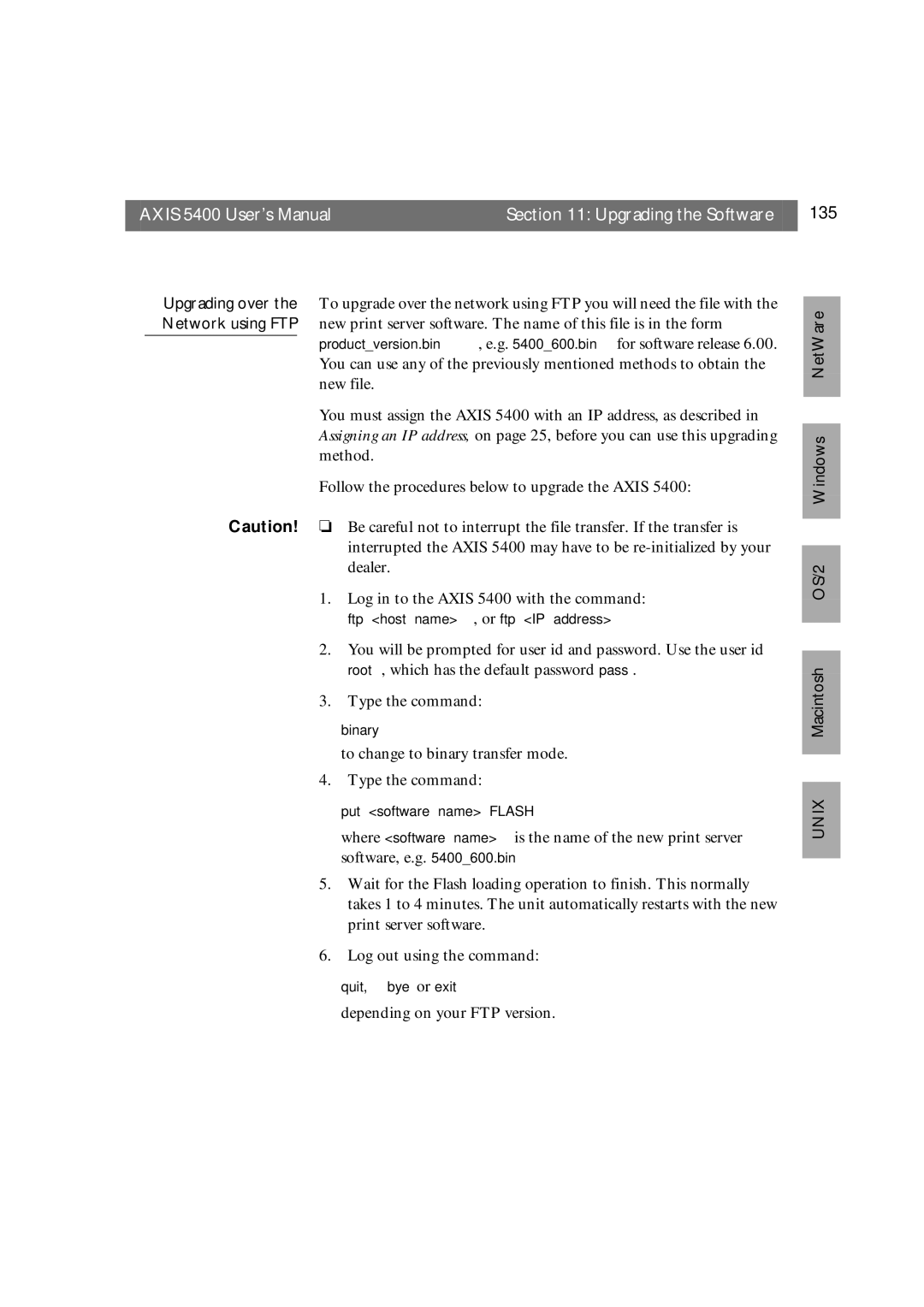 Axis Communications user manual Axis 5400 User’s Manual Upgrading the Software 135, OS/2 Windows NetWare Unix Macintosh 