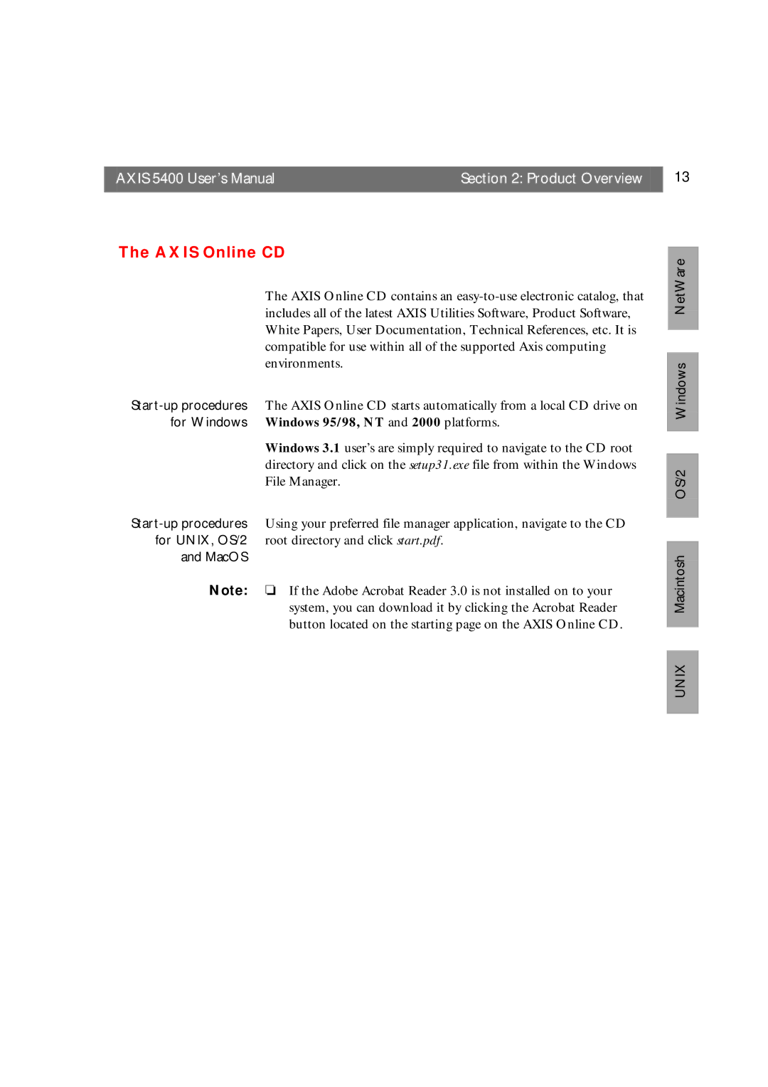 Axis Communications Axis 5400 User’s Manual Product Overview, Axis Online CD, MacOS OS/2 Windows NetWare Unix Macintosh 