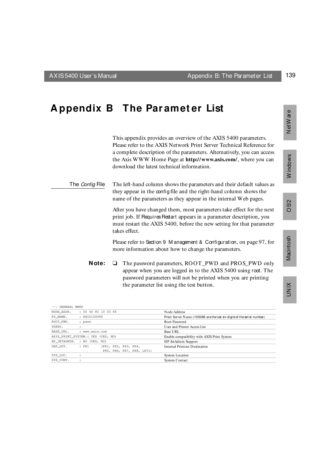 Axis Communications user manual Axis 5400 User’s Manual Appendix B The Parameter List 