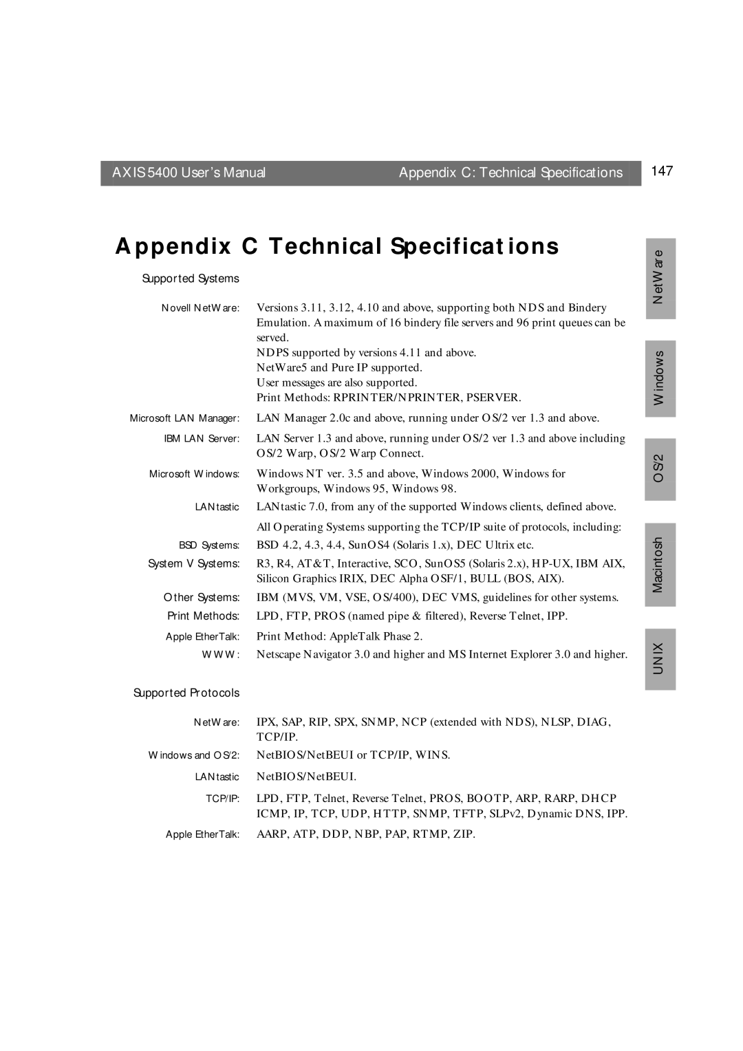 Axis Communications user manual Axis 5400 User’s Manual Appendix C Technical Specifications 