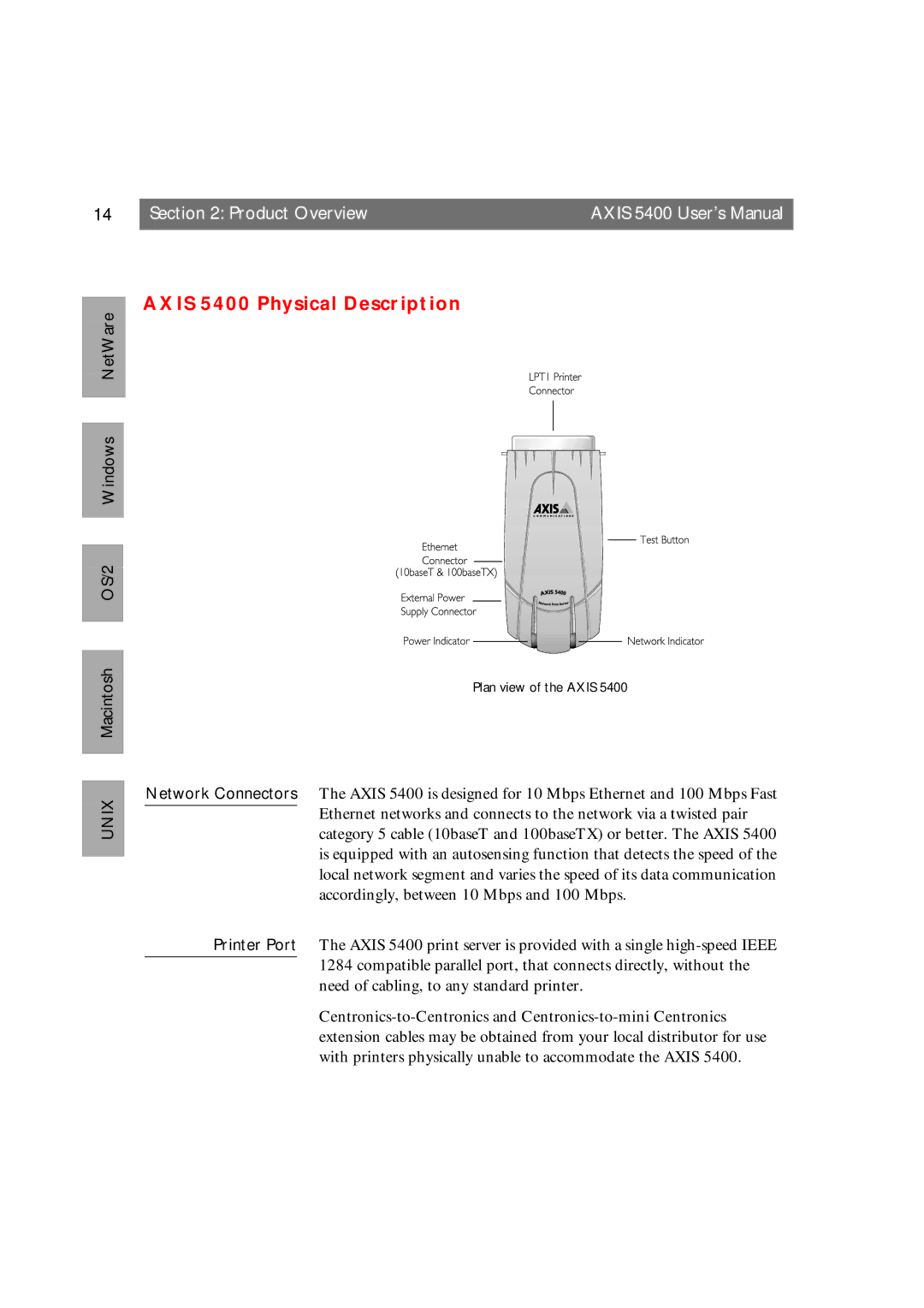 Axis Communications user manual Axis 5400 Physical Description 