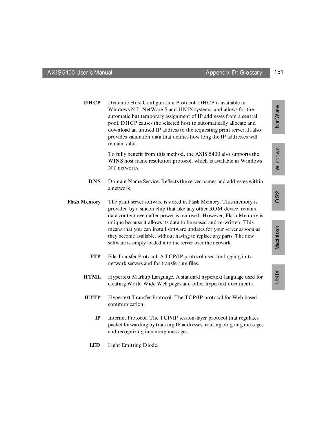 Axis Communications user manual Axis 5400 User’s Manual Appendix D Glossary 151 