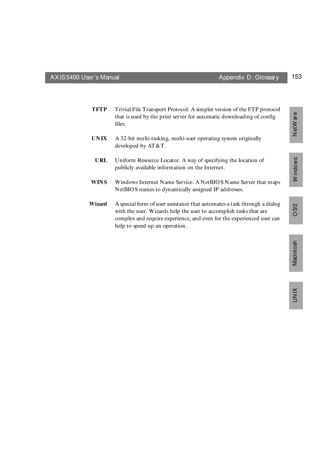 Axis Communications user manual Axis 5400 User’s Manual Appendix D Glossary 153 