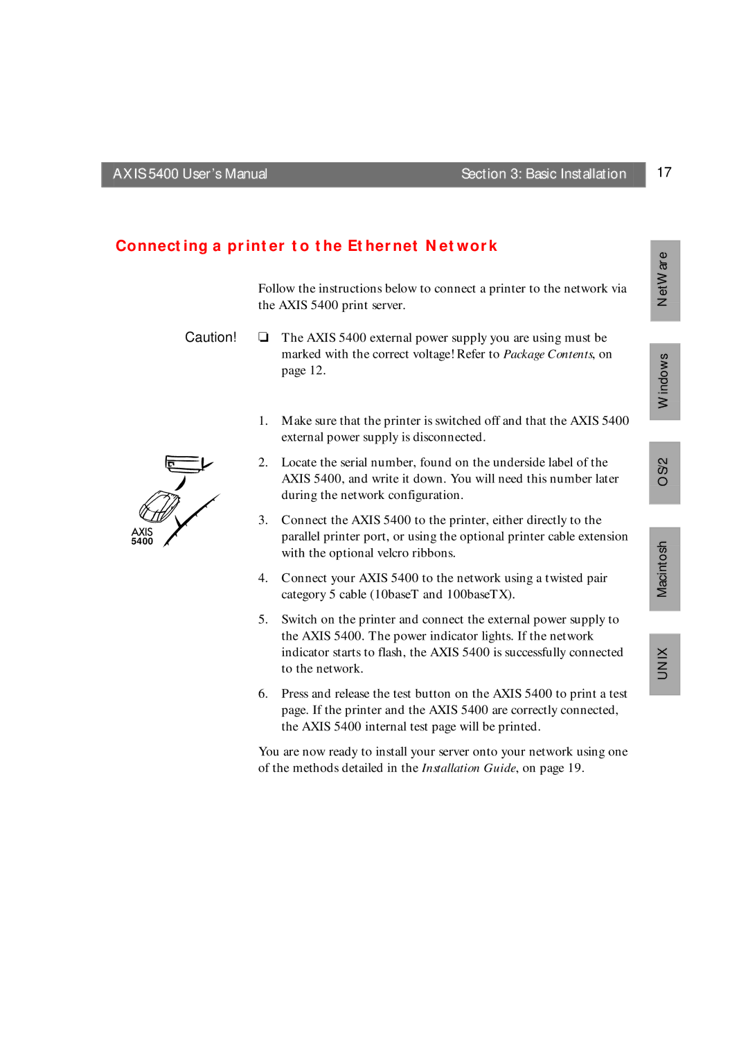 Axis Communications user manual Axis 5400 User’s Manual Basic Installation, Connecting a printer to the Ethernet Network 