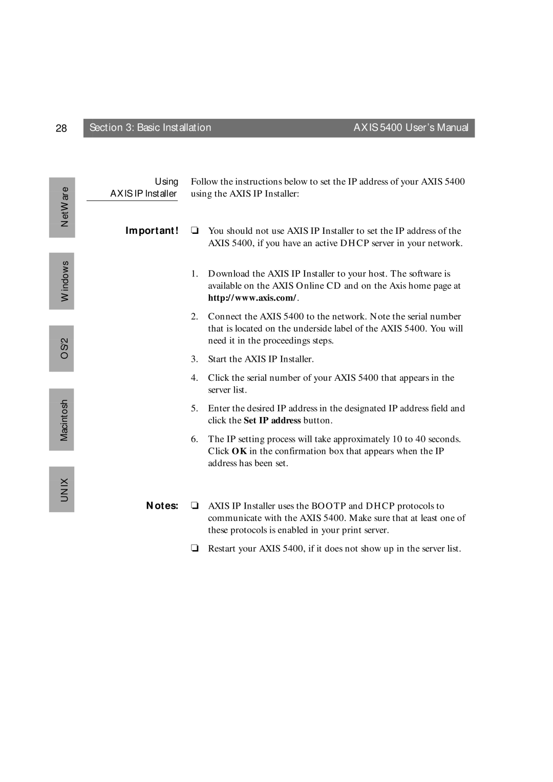 Axis Communications 5400 user manual Basic Installation 