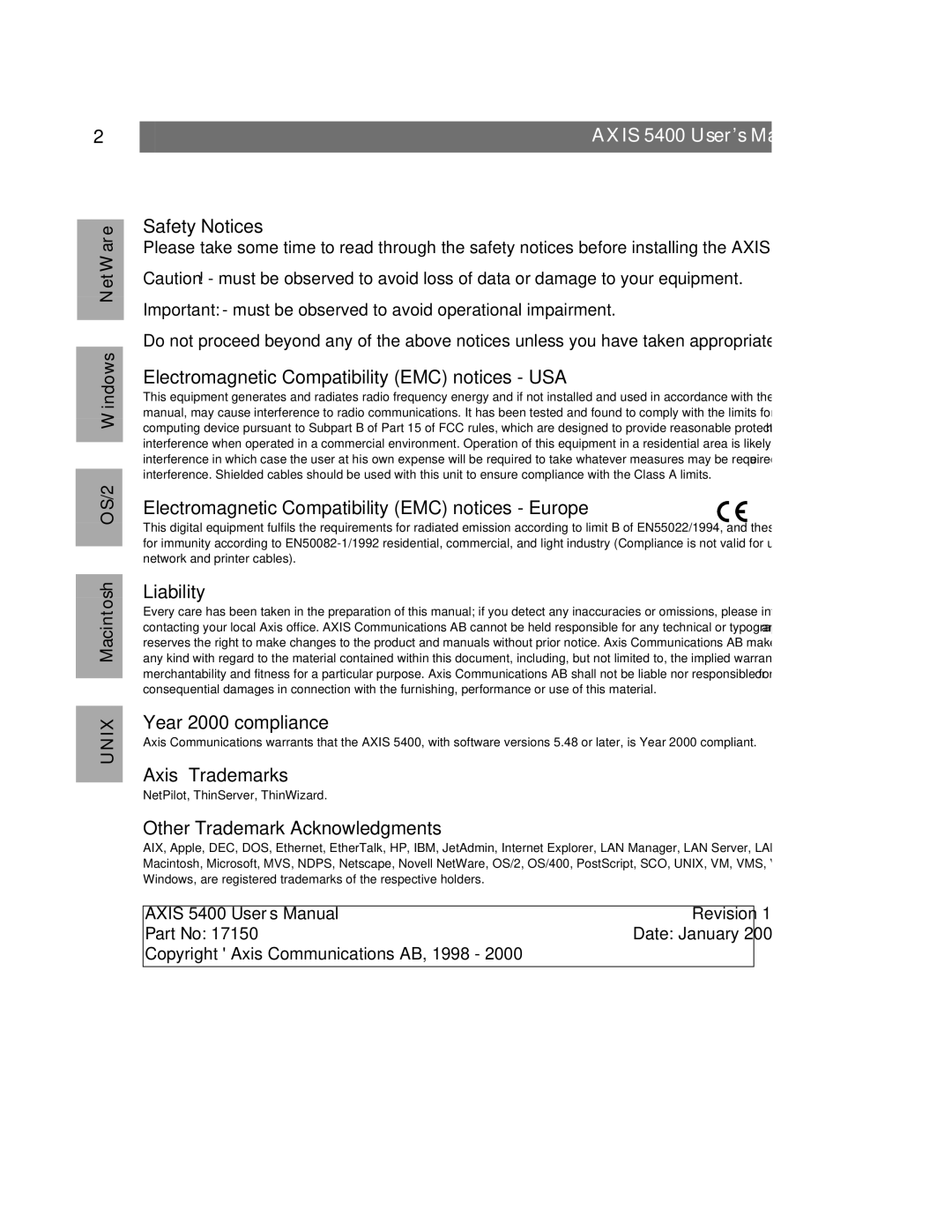 Axis Communications 5400 user manual OS/2 Windows NetWare, Macintosh 