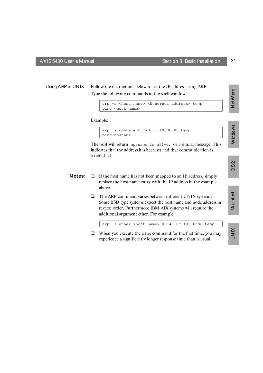 Axis Communications 5400 user manual Arp -s host name Ethernet address temp ping host name 