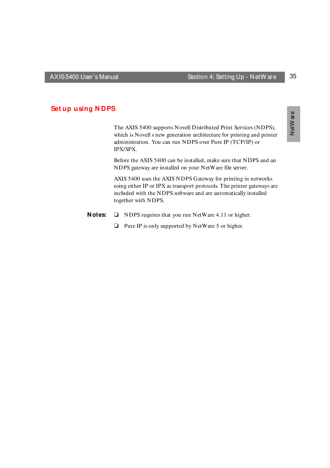 Axis Communications user manual Axis 5400 User’s Manual Setting Up NetWare, Setup using Ndps 