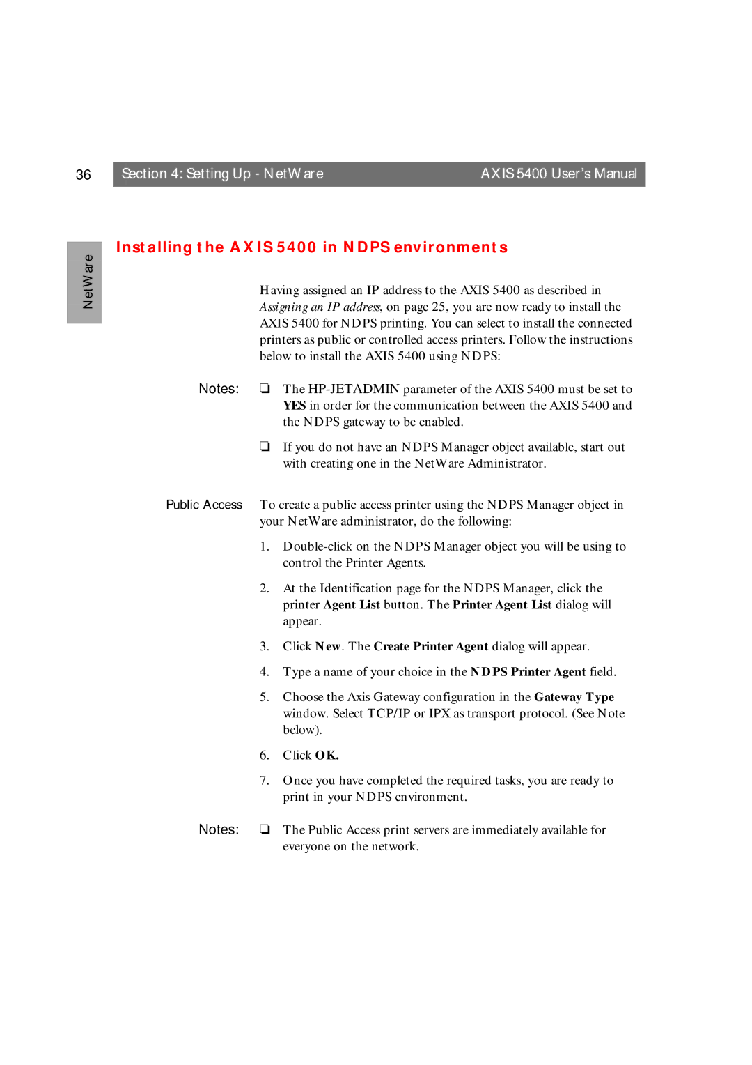 Axis Communications user manual Installing the Axis 5400 in Ndps environments 