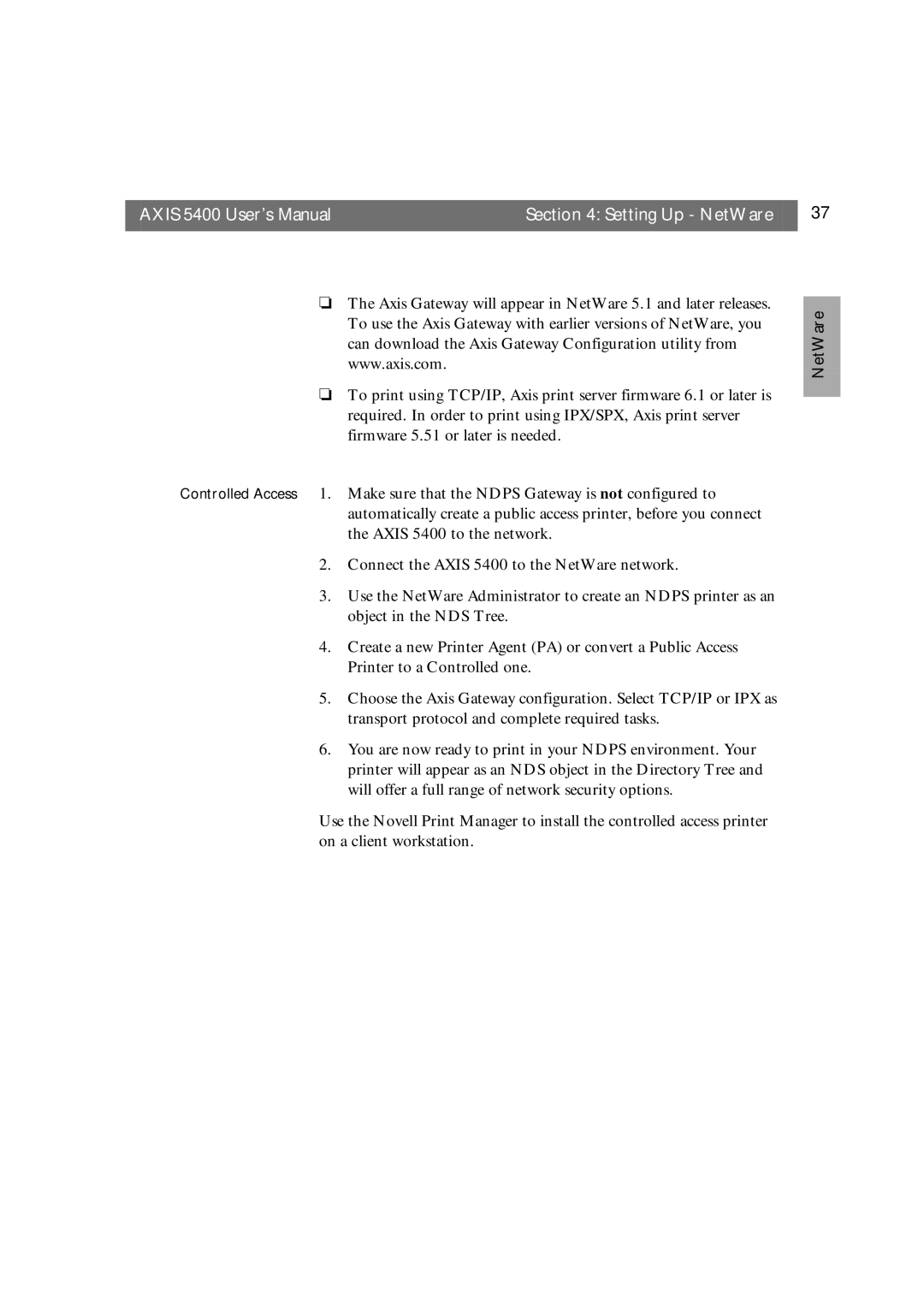 Axis Communications user manual Axis 5400 User’s Manual Setting Up NetWare 