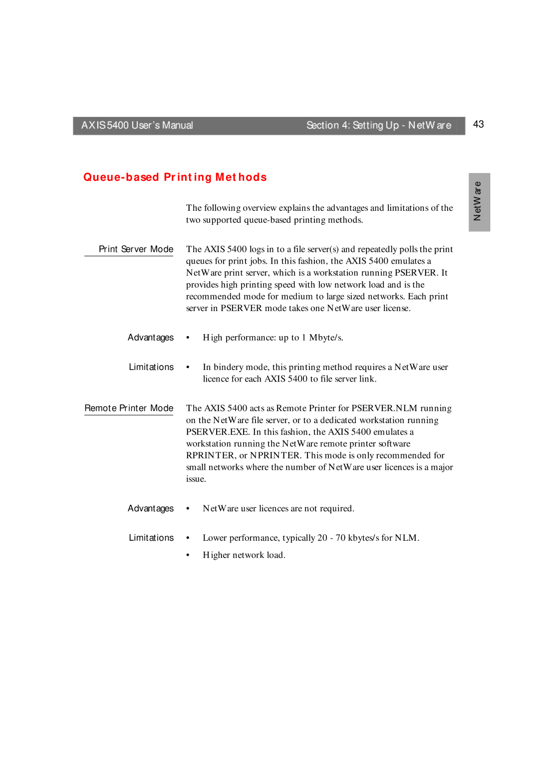 Axis Communications 5400 Queue-based Printing Methods, Print Server Mode, Advantages, Limitations, Remote Printer Mode 