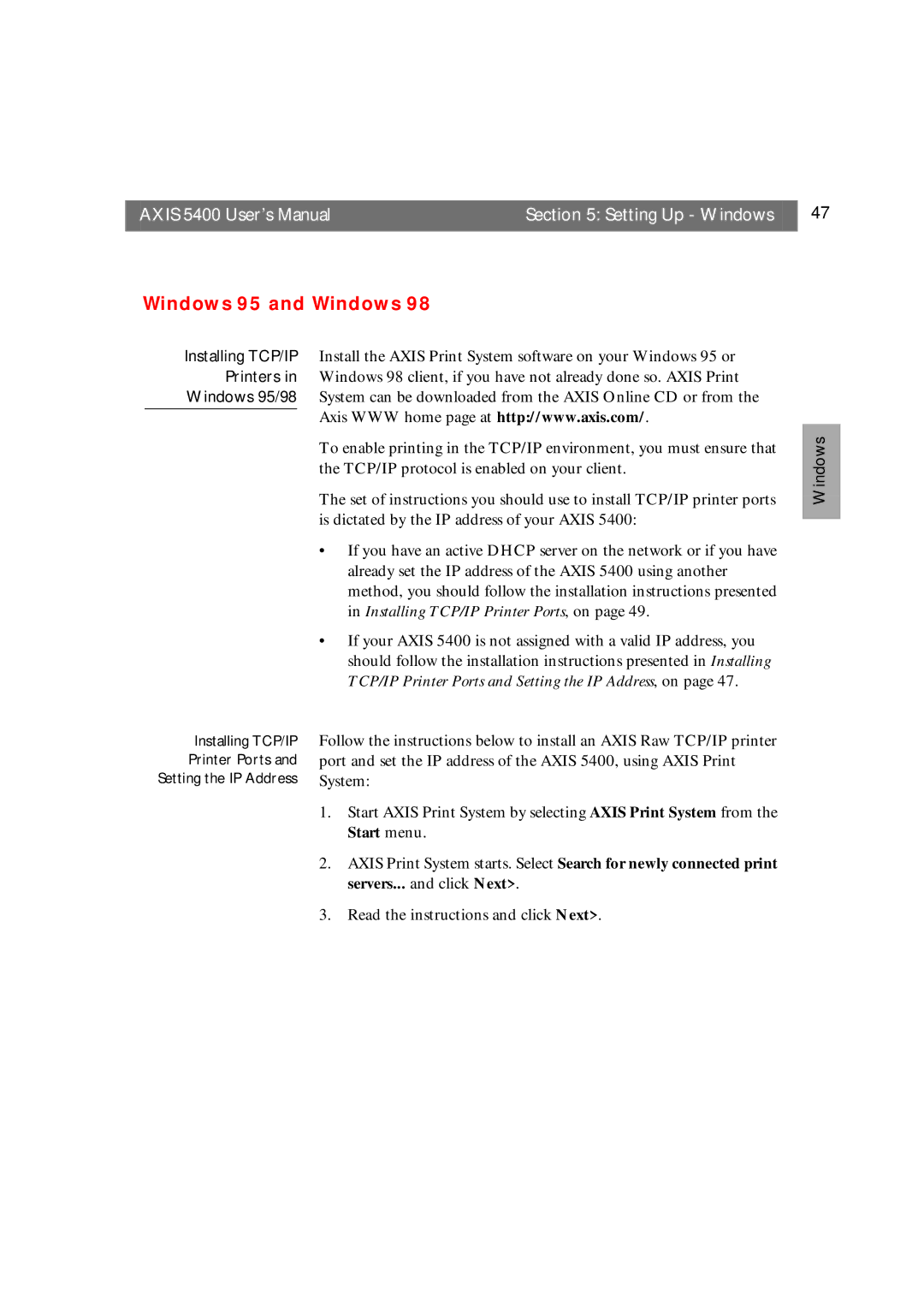 Axis Communications 5400 user manual Windows 95 and Windows 