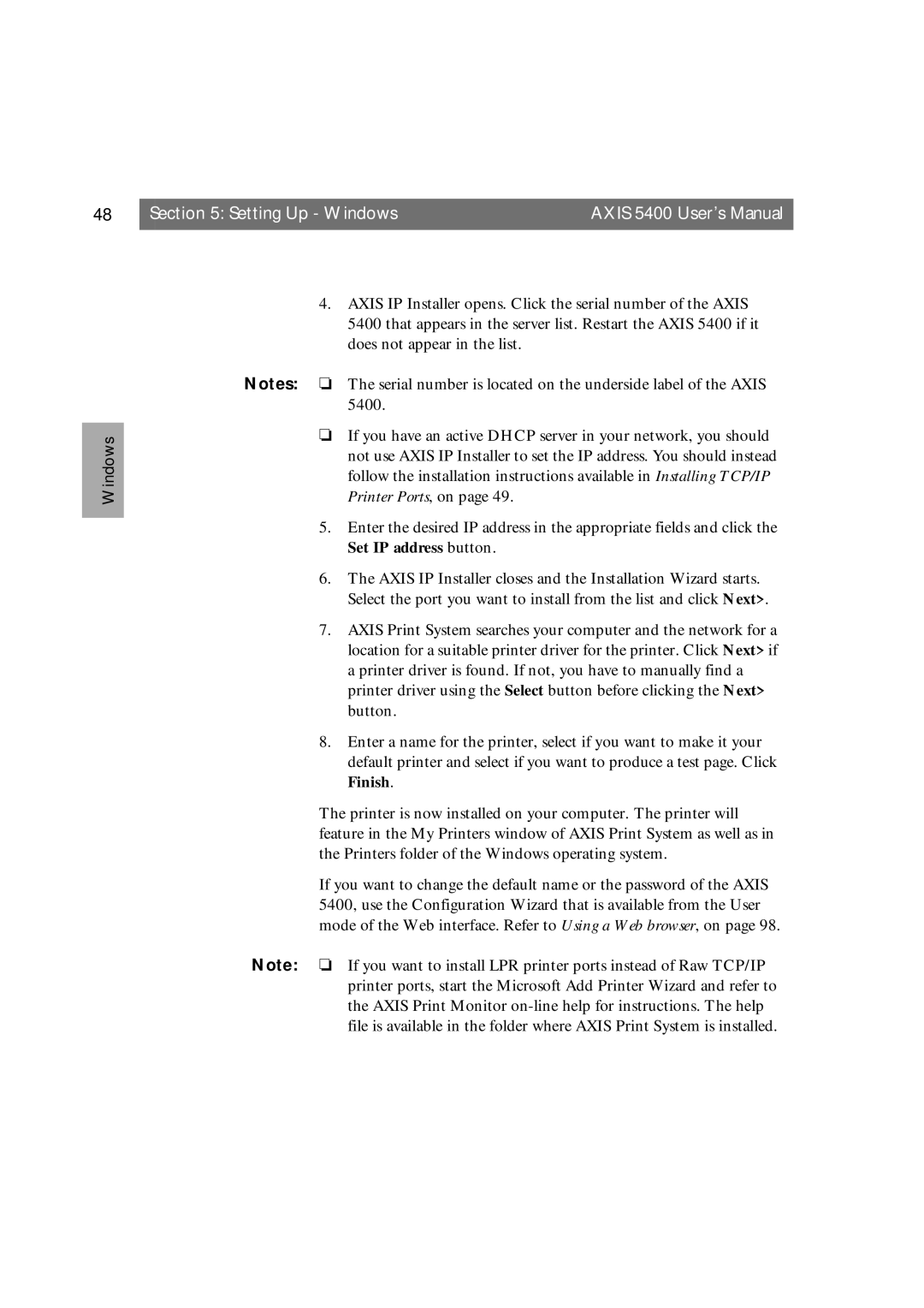 Axis Communications 5400 user manual Setting Up Windows 