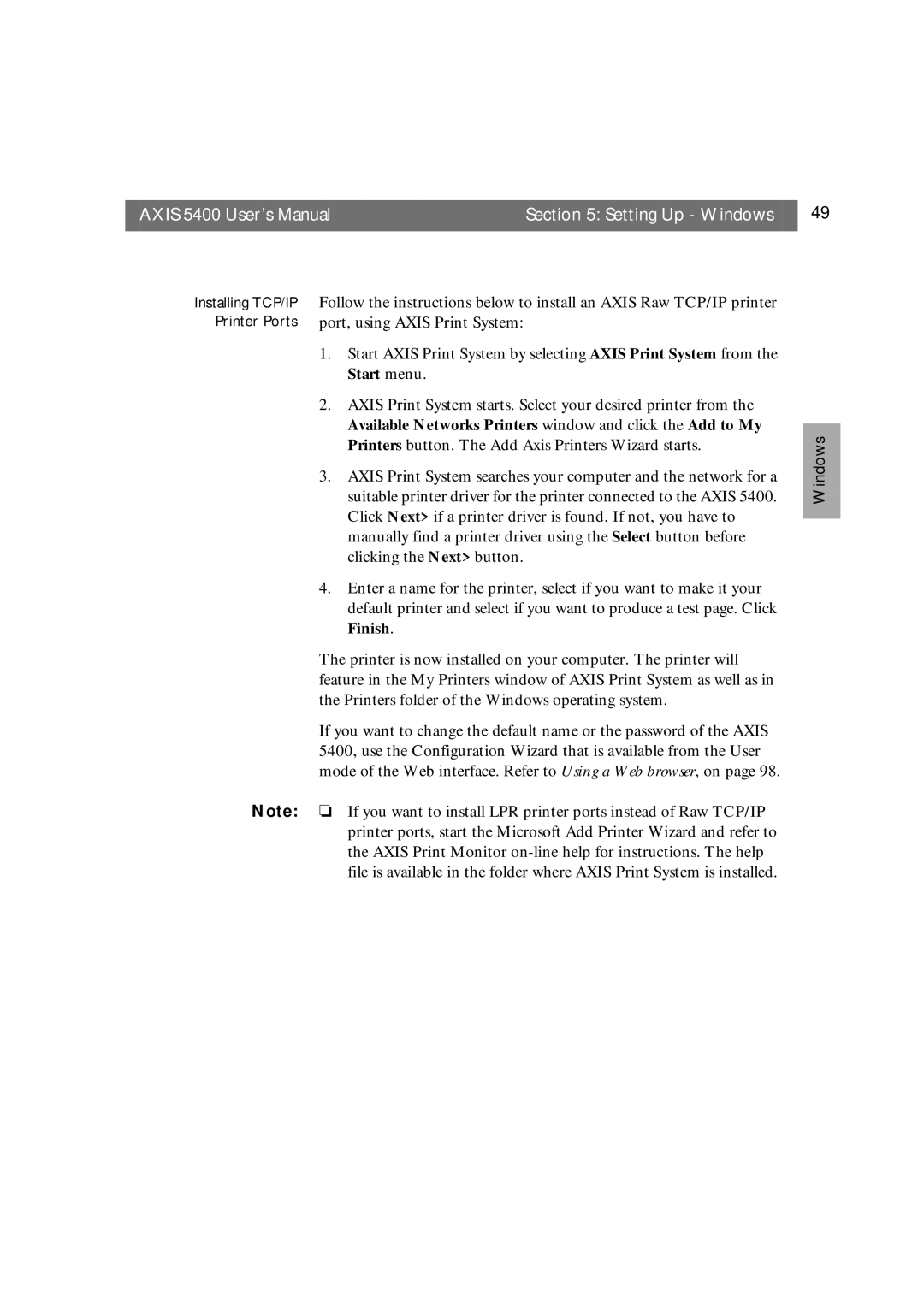 Axis Communications user manual Axis 5400 User’s Manual Setting Up Windows 