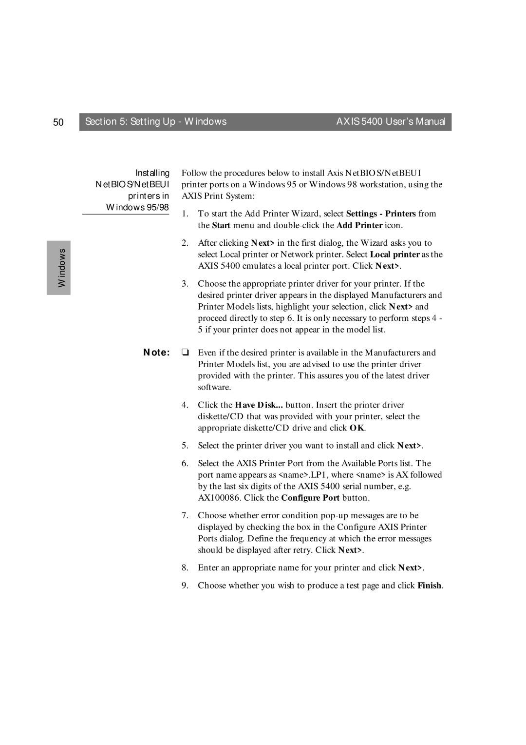 Axis Communications 5400 user manual Windows 95/98 