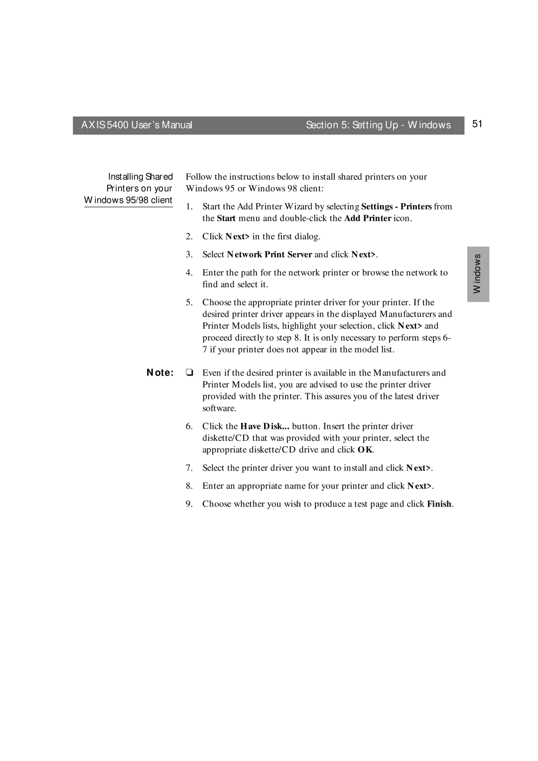 Axis Communications 5400 user manual Installing Shared, Printers on your, Windows 95/98 client 