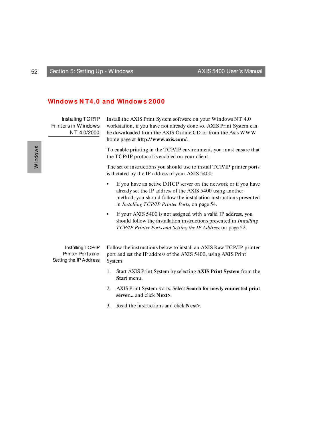 Axis Communications 5400 user manual Windows NT4.0 and Windows 