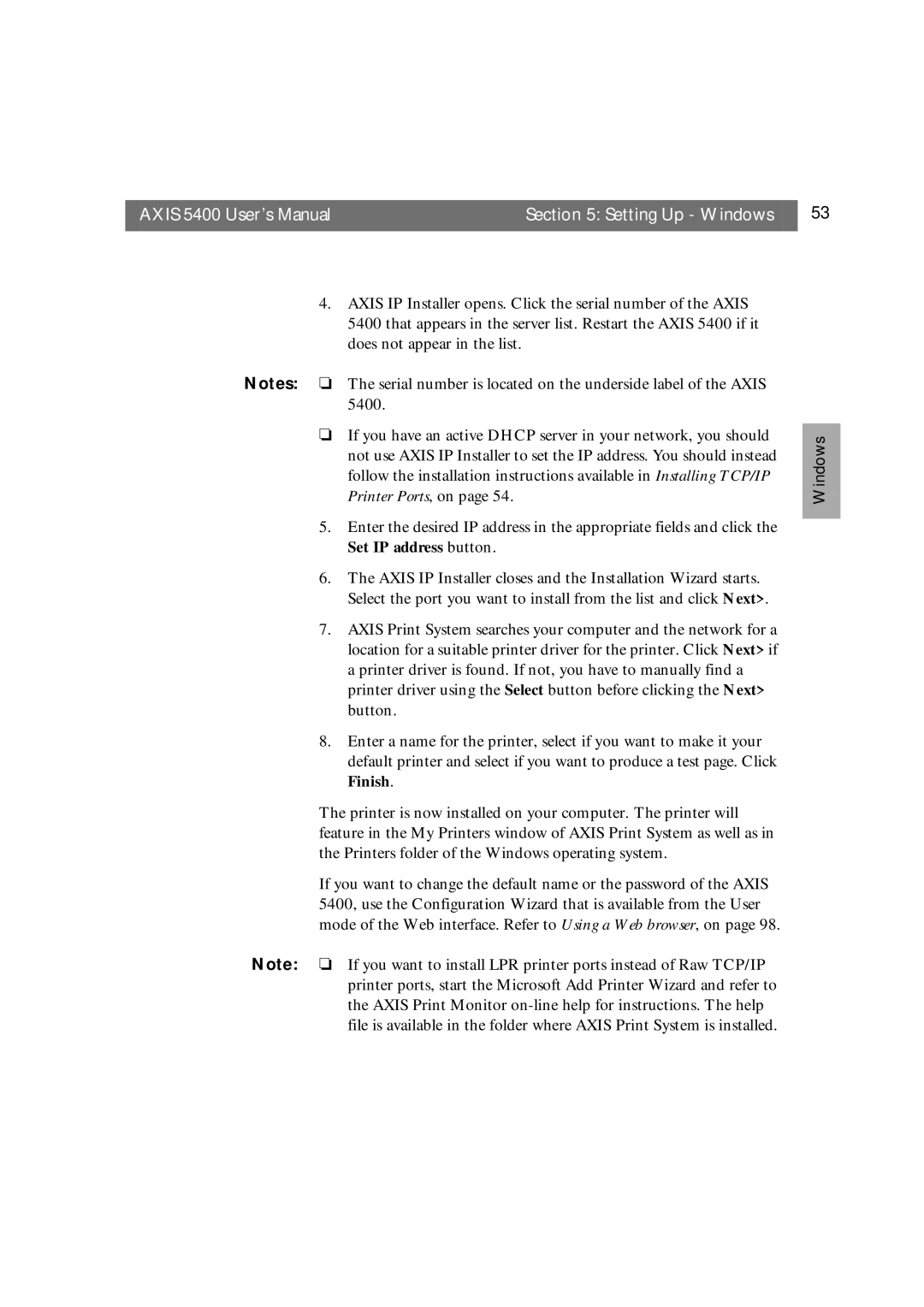 Axis Communications user manual Axis 5400 User’s Manual Setting Up Windows 