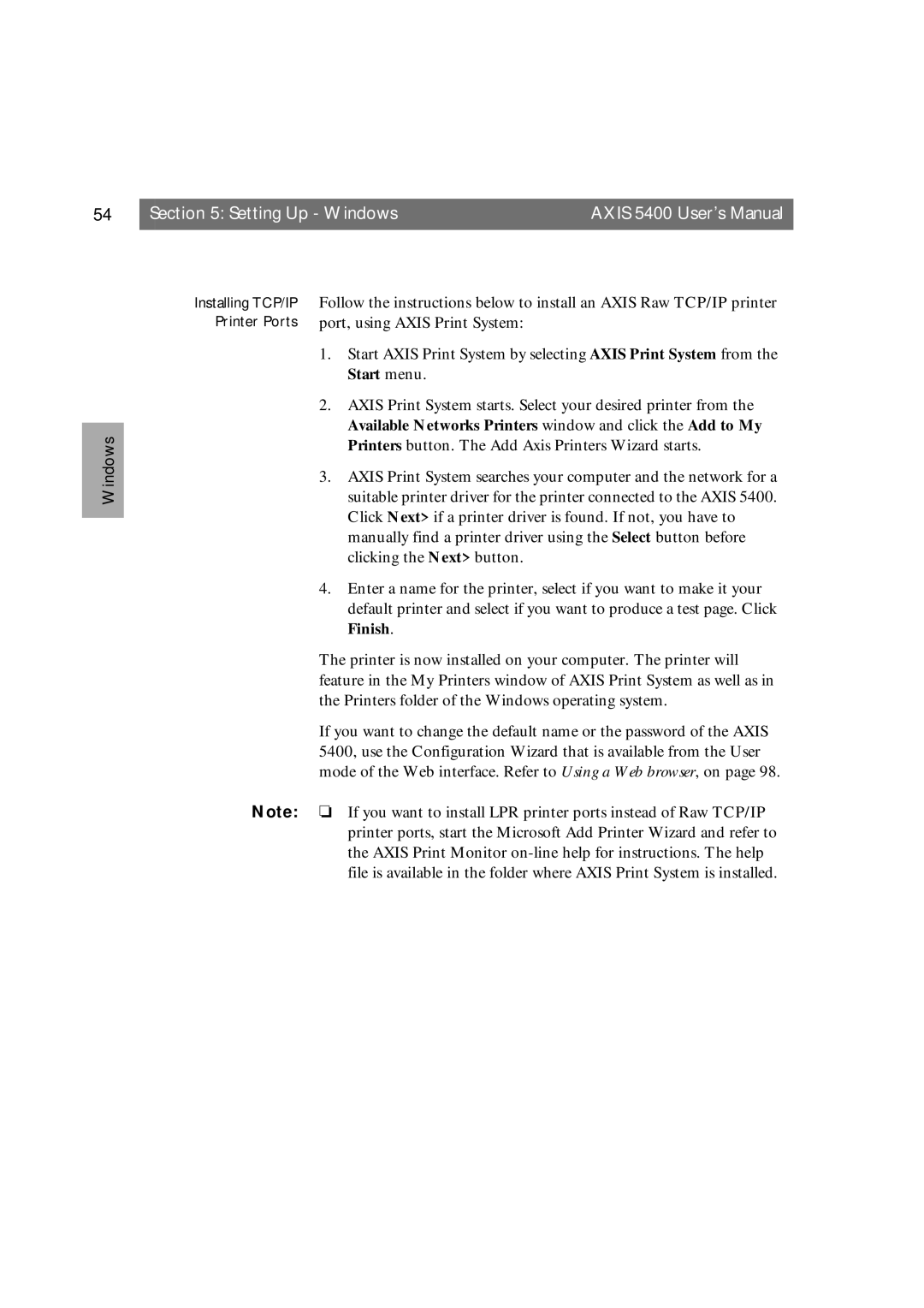 Axis Communications 5400 user manual Setting Up Windows 