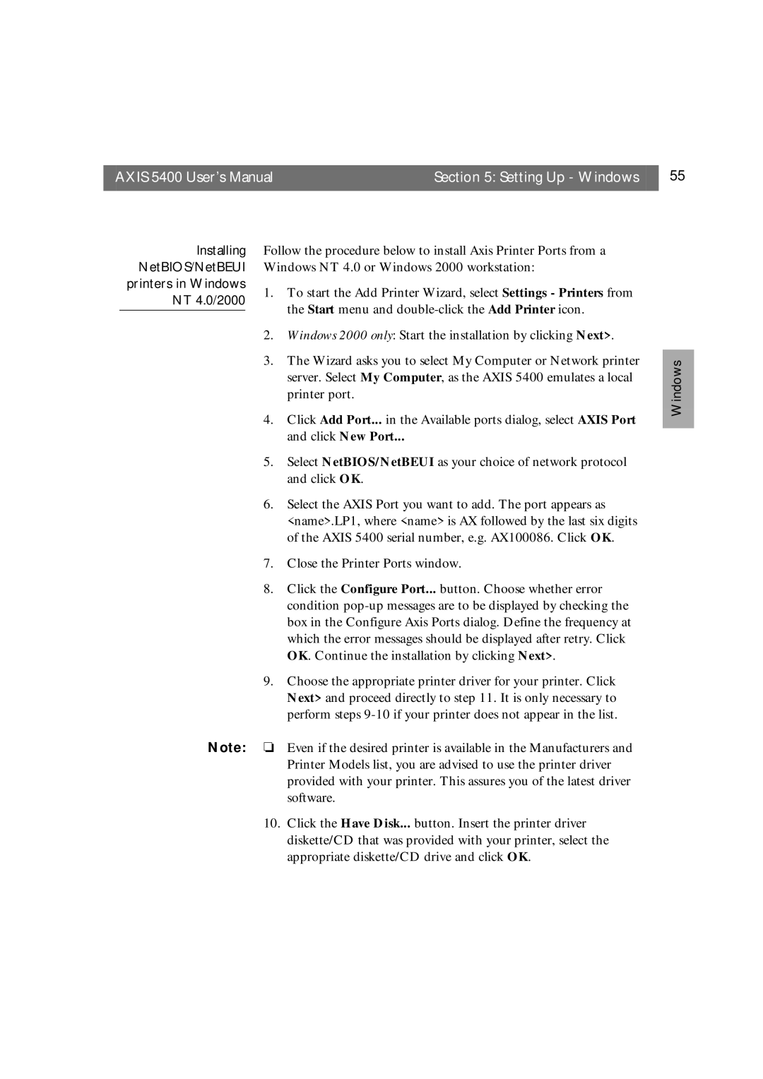 Axis Communications 5400 user manual Printers in Windows, NT 4.0/2000 