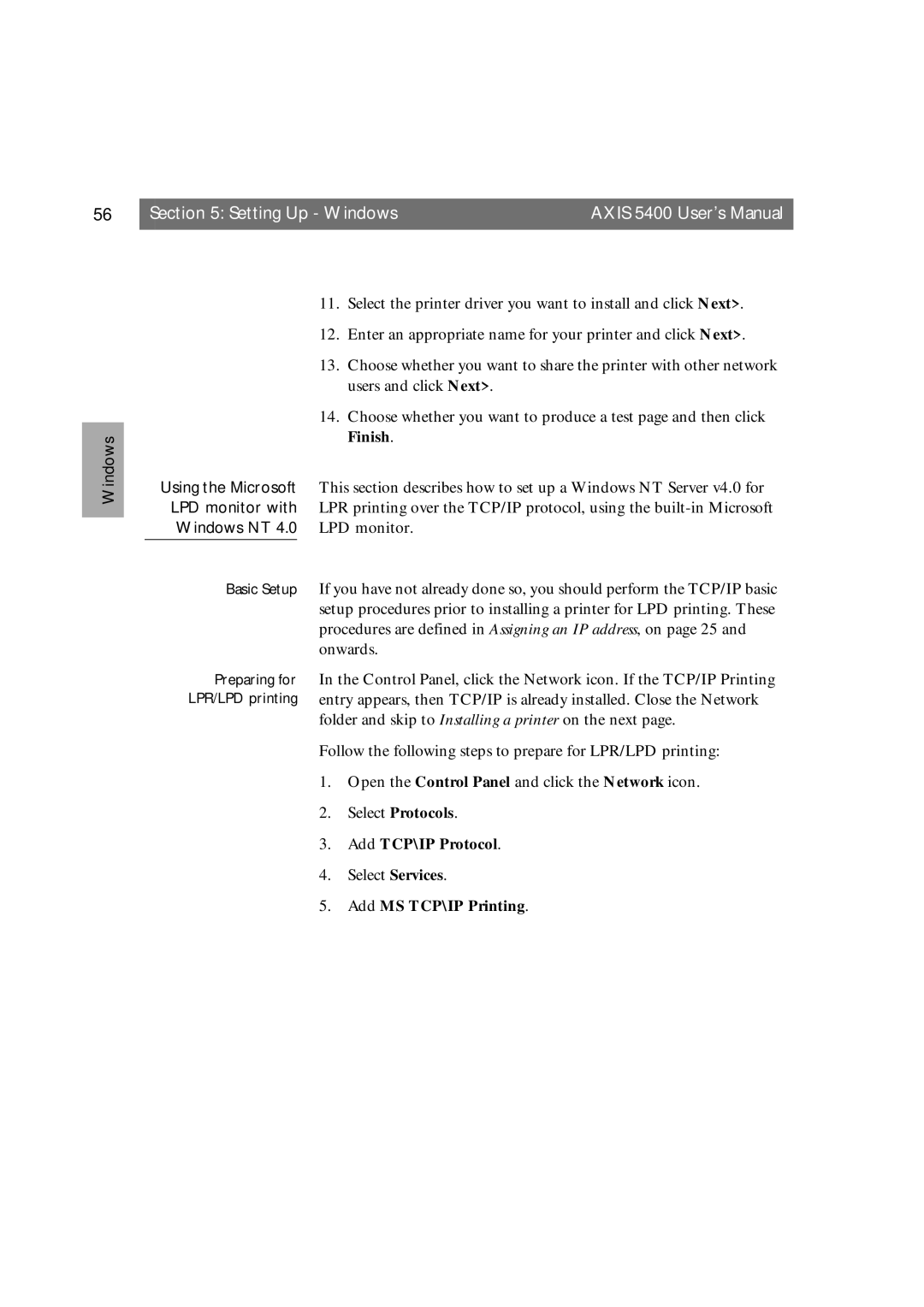 Axis Communications 5400 user manual Finish, Select Protocols Add TCP\IP Protocol, Add MS TCP\IP Printing 