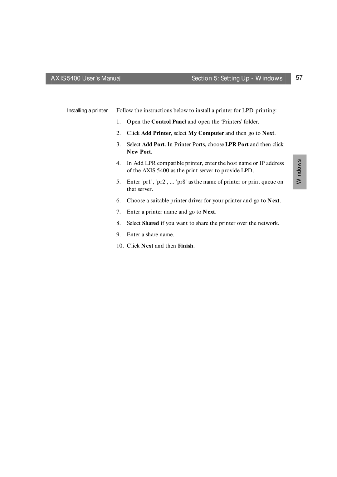 Axis Communications user manual Axis 5400 User’s Manual Setting Up Windows 