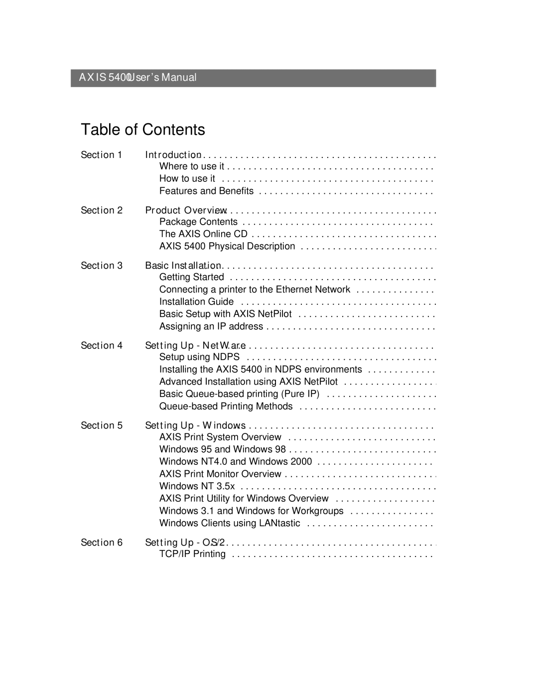 Axis Communications 5400 user manual Table of Contents 