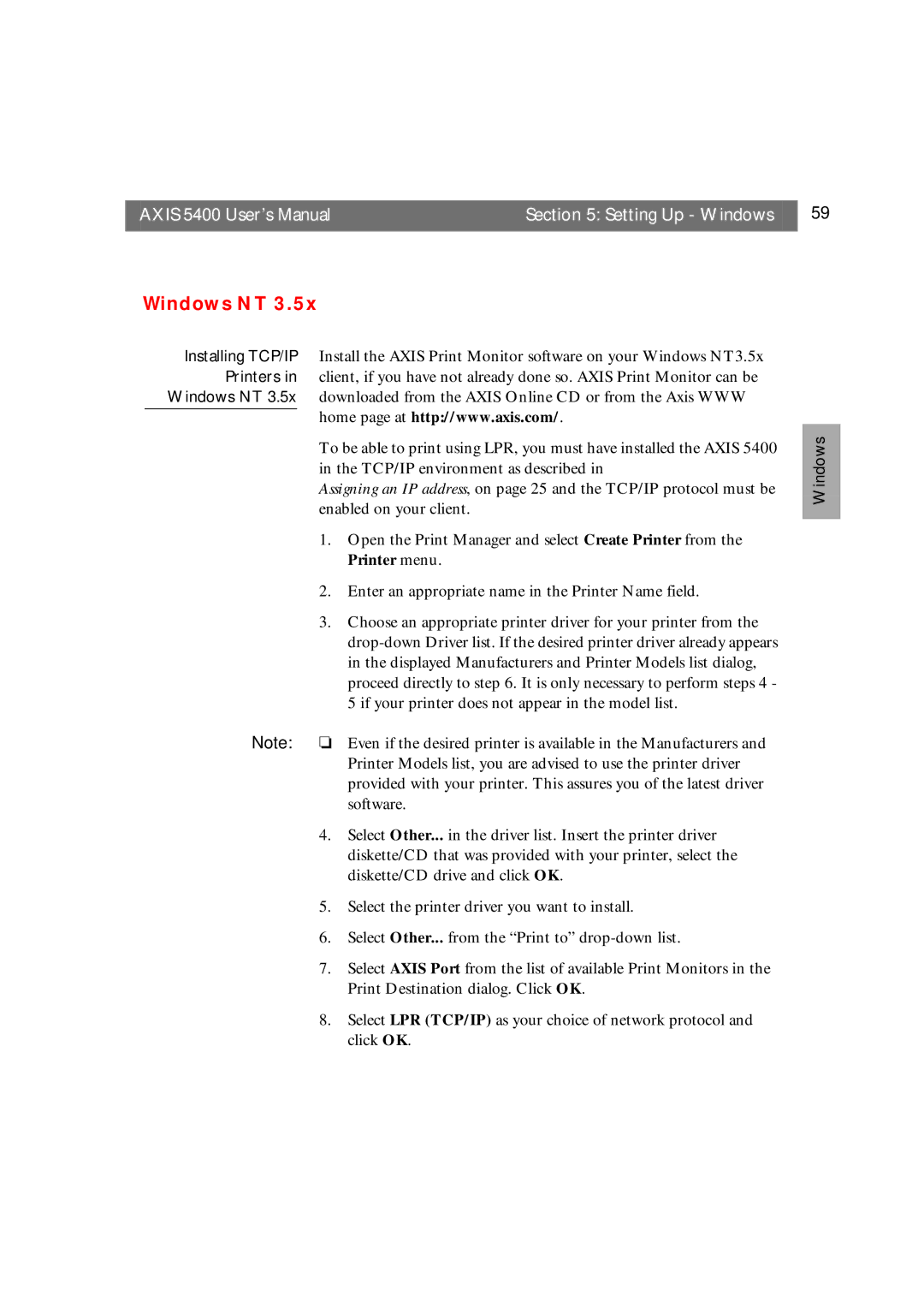 Axis Communications 5400 user manual Windows NT 