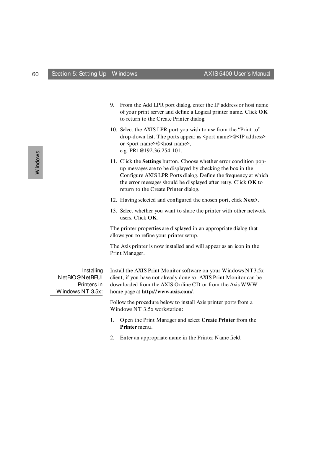 Axis Communications 5400 user manual Setting Up Windows 