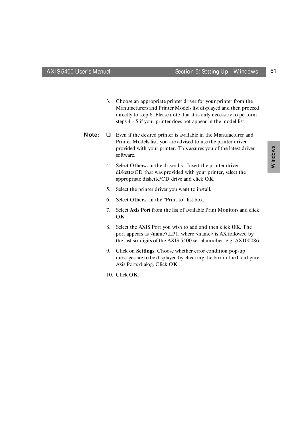 Axis Communications user manual Axis 5400 User’s Manual Setting Up Windows 