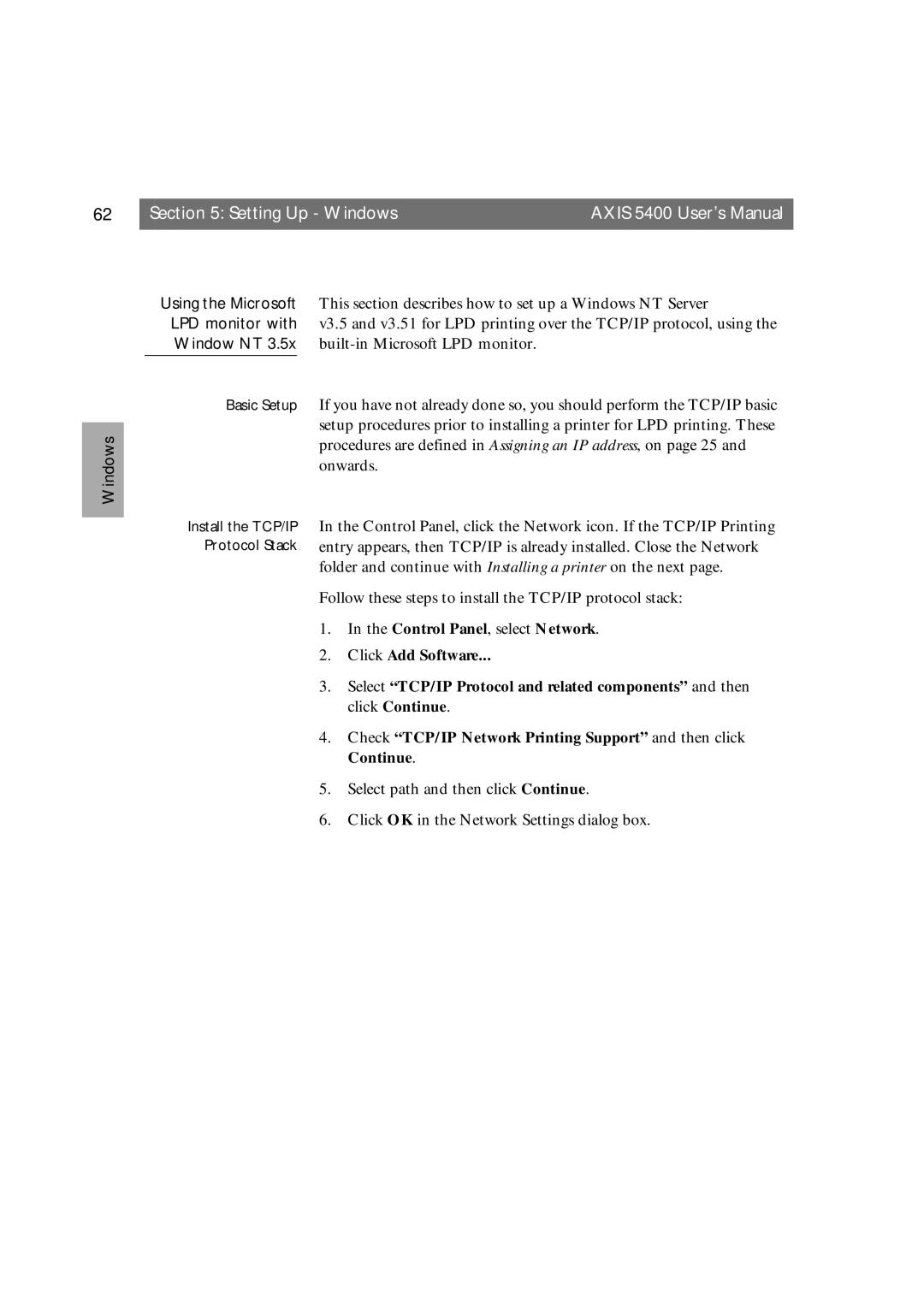 Axis Communications 5400 user manual Install the TCP/IP Protocol Stack 